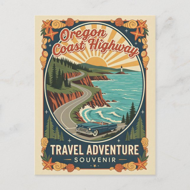 Oregon Coast Highway Retro Resa Vykort (Framsida)