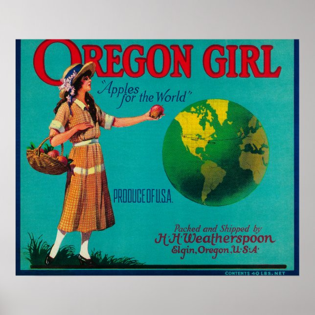 Oregon Girl Apple Låda LabelElgin, ELLER Poster (Framsidan)