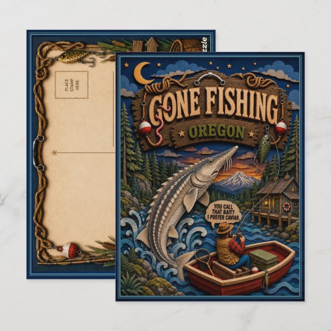 Oregon Gone Fishing Vit Stör Vykort (Fram/baksida)