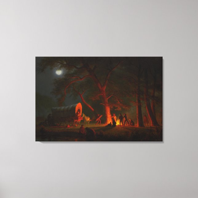 Oregon Trail Conestoga Wagon Moonlight Camp Fire Canvastryck (Framsida)