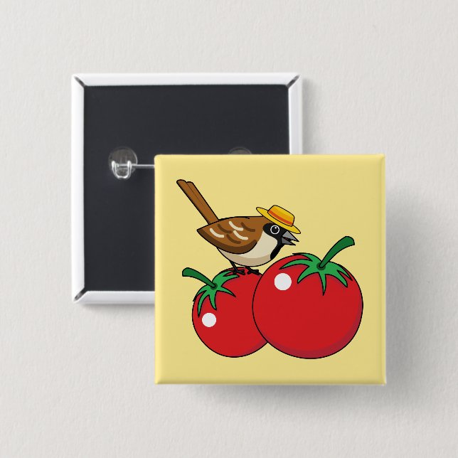 Organic Älskare Sparrow Eating Red Tomato Knapp (Framsida & baksida)