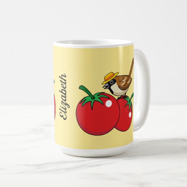 Organic Älskare Sparrow Eating Red Tomato | Lägg t Kaffemugg (Framsida höger)
