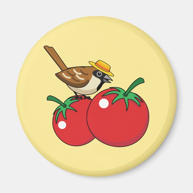 Organic Älskare Sparrow Eating Red Tomato Magnet (Framsidan)