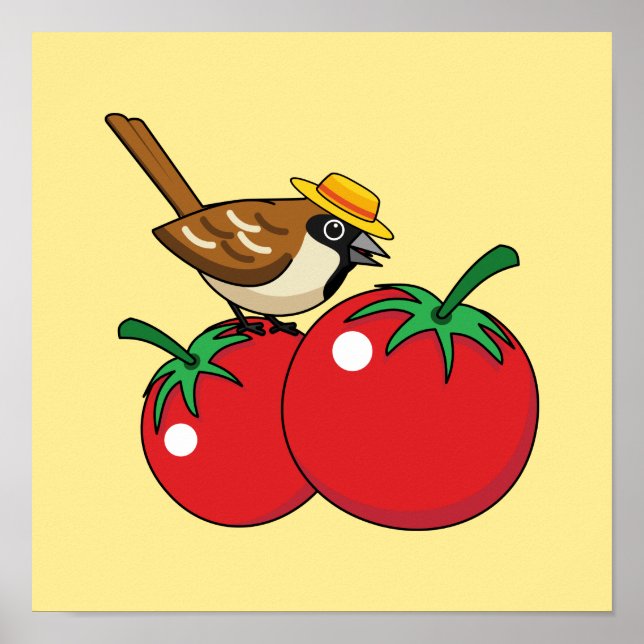 Organic Älskare Sparrow Eating Red Tomato Poster (Framsidan)