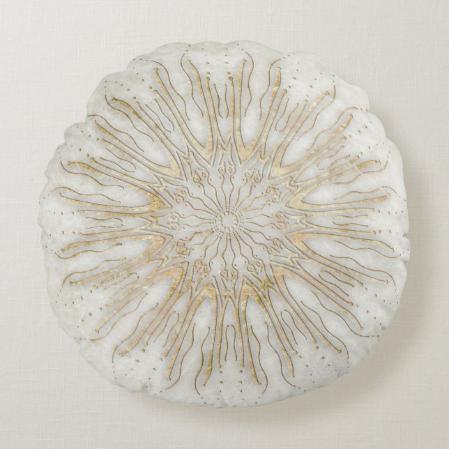 Organic boho stil sunburst mandala golden white rund kudde (Framsidan)