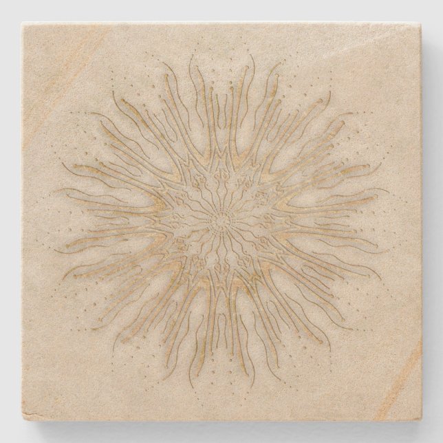 Organic boho stil sunburst mandala golden white stenunderlägg (Framsidan)