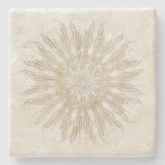 Organic boho stil sunburst mandala golden white stenunderlägg (Framsidan)