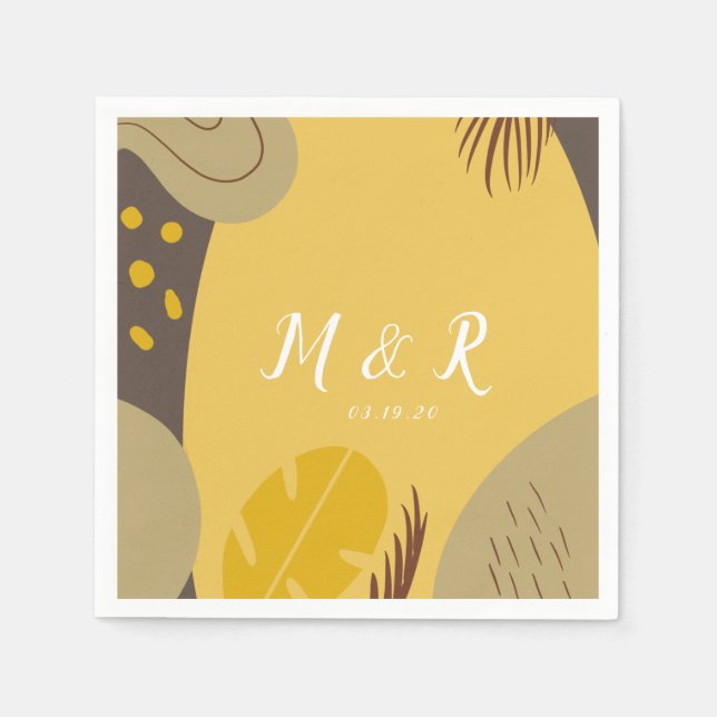 Organic Collage Monstera Bröllop Earth Tone Gult Pappersservett (Framsidan)