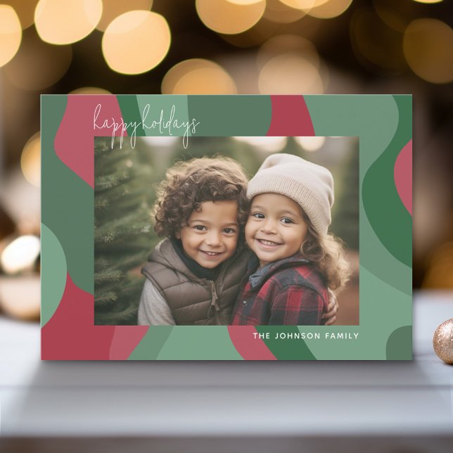 Organic Line Abstrakt Art - 1 Photo Grönt Red Julkort (Modern Holiday Greeting Card with a Family Photo)
