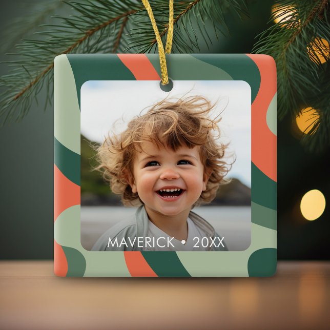 Organic Line Abstrakt Art - 1 Photo Jade Tangerine Julgransprydnad Keramik (Organic curvy lines with one photo)