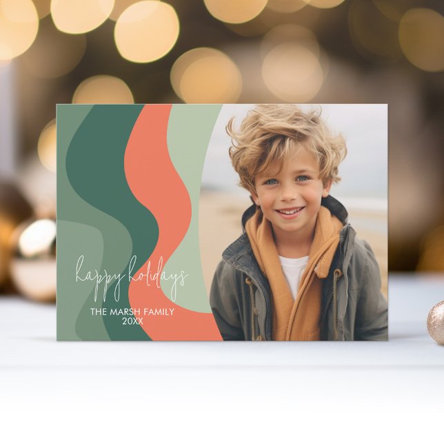 Organic Line Abstrakt Art - 1 Photo Jade Tangerine Julkort (Organic curved lines and abstract art make a non-traditional holiday card with 1 photo.)