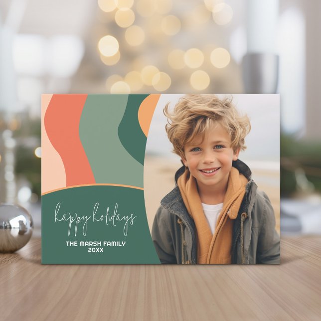 Organic Line Abstrakt Art - 1 Photo Jade Tangerine Julkort (Holiday Photo Greeting Card - Jade and Tangerine Organic Curves)