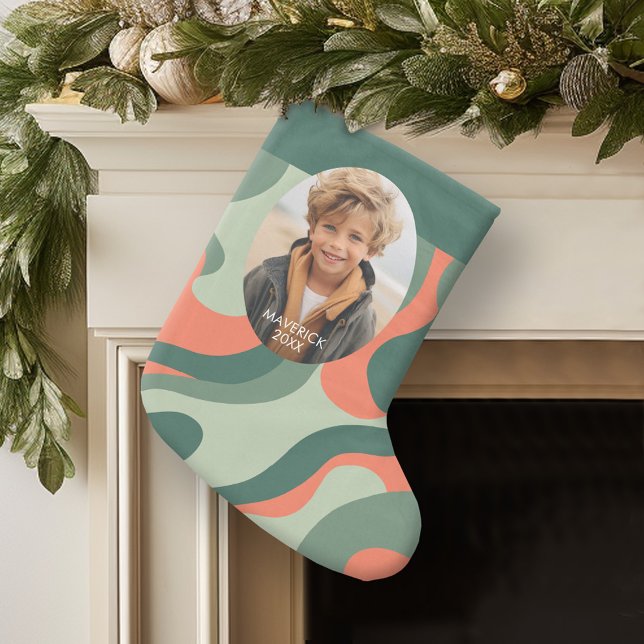 Organic Line Abstrakt Art - 1 Photo Jade Tangerine Stor Julstrumpa (Personalized Photo Christmas Stocking with Organic Curves and Wavy Line Art)