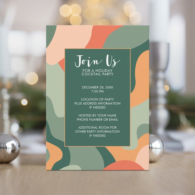 Organic Line Abstrakt Art - Jade Coral Helgdag Inbjudningar (Holiday Cocktail Party Invitation - Jade and Tangerine Organic Curves)