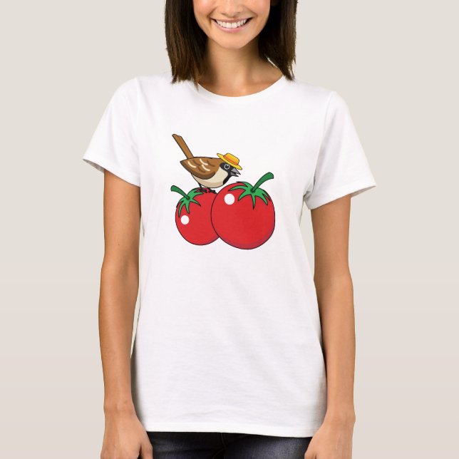 Organic Lover Sparrow Eating Red Tomato T Shirt (Framsida)