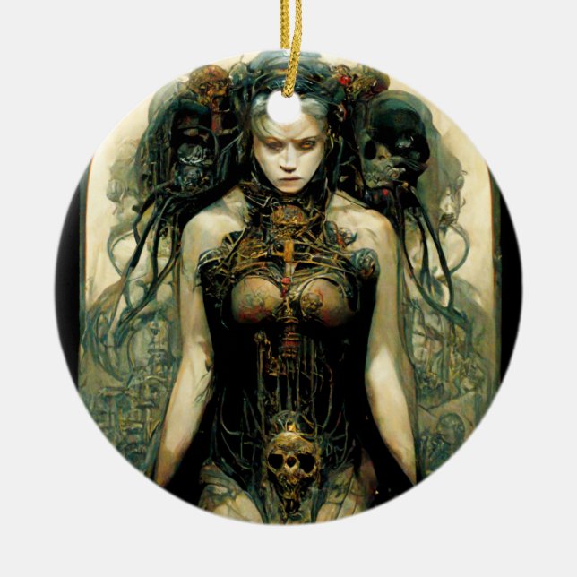 Organic Tech Woman Fantasy Sci-Fi Julgransprydnad Keramik (Framsidan)