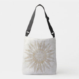 Organisk boho stil solstråle mandala gyllene vit axelväska
