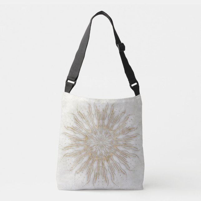 Organisk boho stil solstråle mandala gyllene vit axelväska (Framsida)