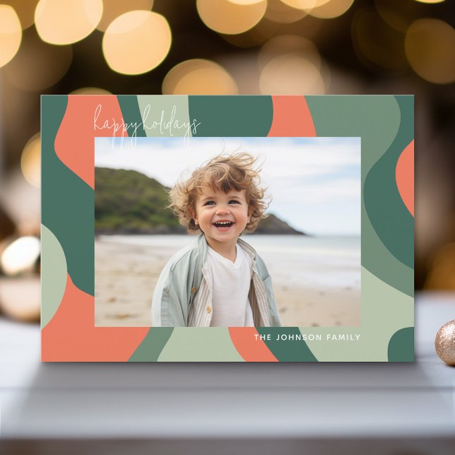 Organisk linje Abstrakt Konst - 1 Foto Jade Korall Julkort (Modern Holiday Greeting Card with a Family Photo)