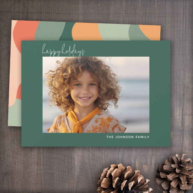 Organisk Linje Abstrakt Konst - 1 Foto Jade Korall Julkort (Holiday Photo Greeting Card - Jade and Tangerine Organic Curves)