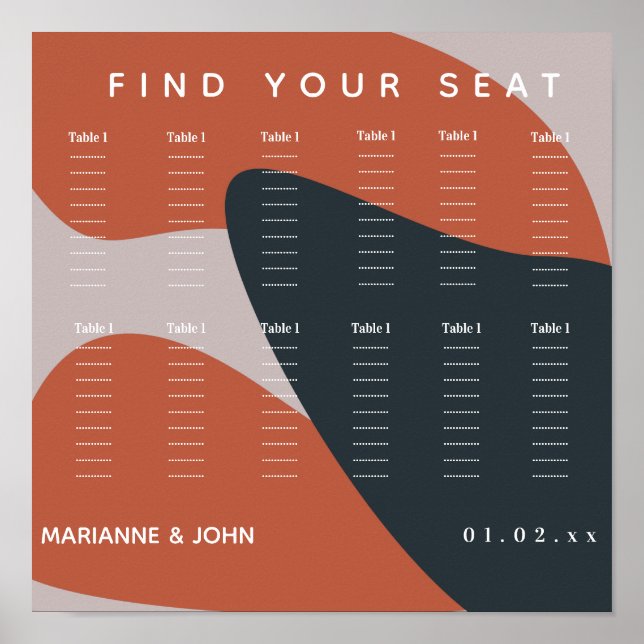 Organisk terracotta Blue Bröllop Sittdiagram Poster (Framsidan)