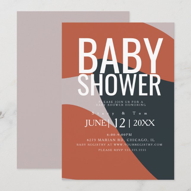 Organisk Terrakotta Blå Typografi Baby Shower Inbjudningar (Fram/baksida)