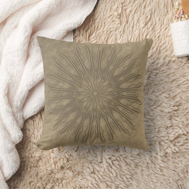 Organiska boho stil sunburst mandala sepia decor kudde (Filt)