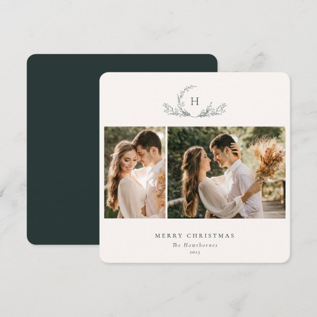 Organiskt monogram 2-foto-Helgdag Julkort (Fram/baksida)