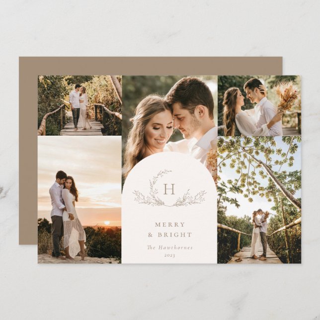 Organiskt monogram 5-foto-Helgdag Julkort (Fram/baksida)