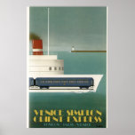 Orient Express Tåg Ferry Art Deco Poster<br><div class="desc">Reproduktion av en Orient Express-reseaffisch. Skisserar en idé om en färja i tåg,  som aldrig förverkligades. Underbart Art Deco Stil,  i akvariet,  blått,  vitt,  gult och rödrökare på färjan.</div>