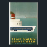 Orient Express Tåg Ferry Art Deco Poster<br><div class="desc">Reproduktion av en Orient Express-reseaffisch. Skisserar en idé om en färja i tåg,  som aldrig förverkligades. Underbart Art Deco Stil,  i akvariet,  blått,  vitt,  gult och rödrökare på färjan.</div>