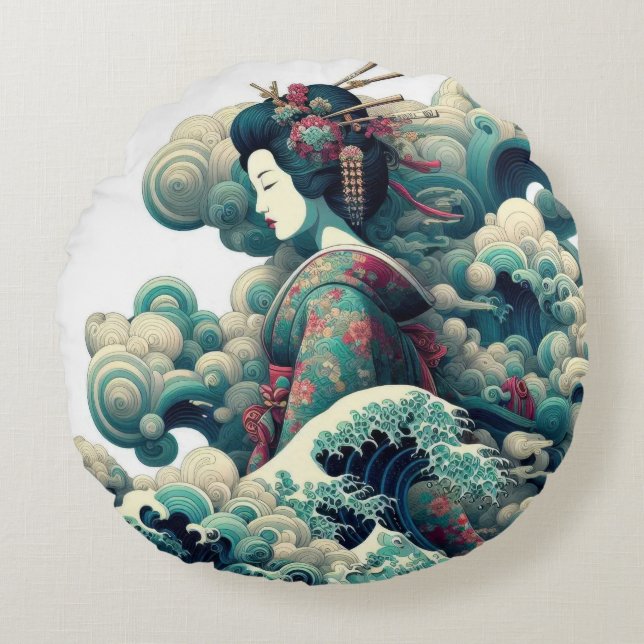 Oriental abstrakt Geisha Kanagawa vinkara moln Rund Kudde (Framsidan)
