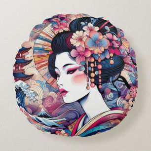 Oriental abstrakt Geisha rosa blommor vinkar Rund Kudde