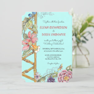 Oriental Aqua Blommigt Classic Chinoiserie Bröllop Inbjudningar