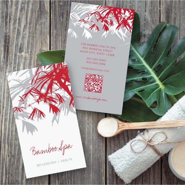 Oriental Asian Bamboo Lövs Träd Modern Zen Spa Visitkort (Oriental Asian Bamboo Leaves Modern Zen Spa Business Card / Profile Card @ fatfatin_red_knot)