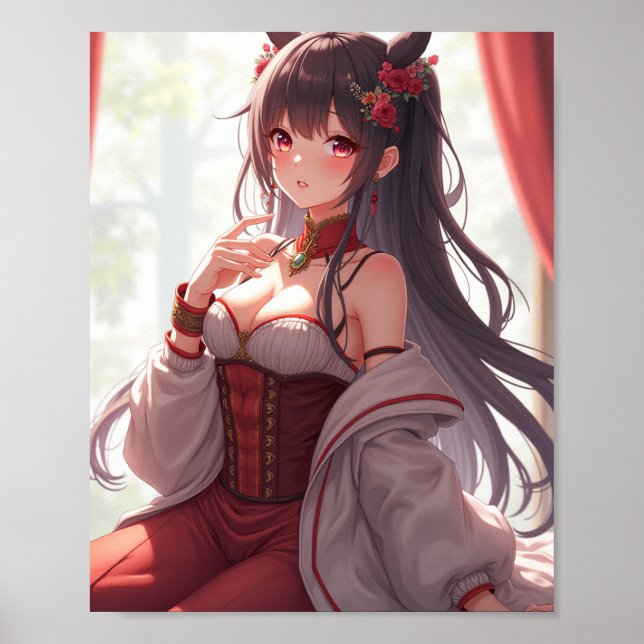 Oriental Beauty: Anime Girl in a Red Corset Poster (Framsidan)