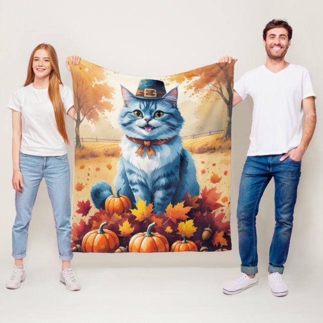 Oriental Blå Katt I Höstlöv Tacksägelse Fleecefilt (På plats)