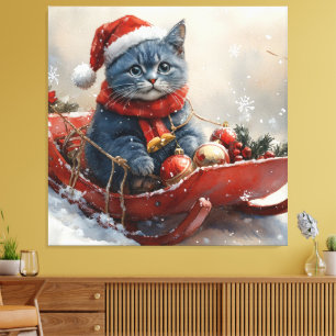 Oriental Blå Katt i Släd Låt det Snöa Jul Canvastryck