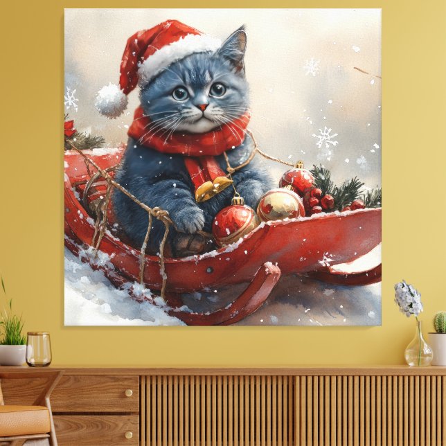Oriental Blå Katt i Släd Låt det Snöa Jul  Canvastryck (Insitu (Vardagsrum))