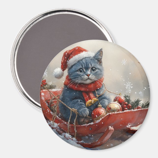 Oriental Blå Katt i Släd Låt det Snöa Jul  Magnet (Front/Back)