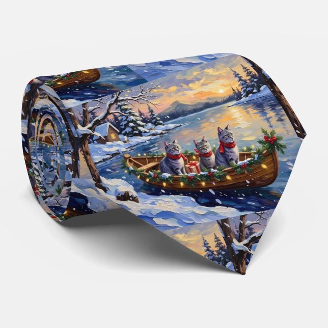 Oriental Blå Katt Jul Båt Högtid Slips (Rullad)
