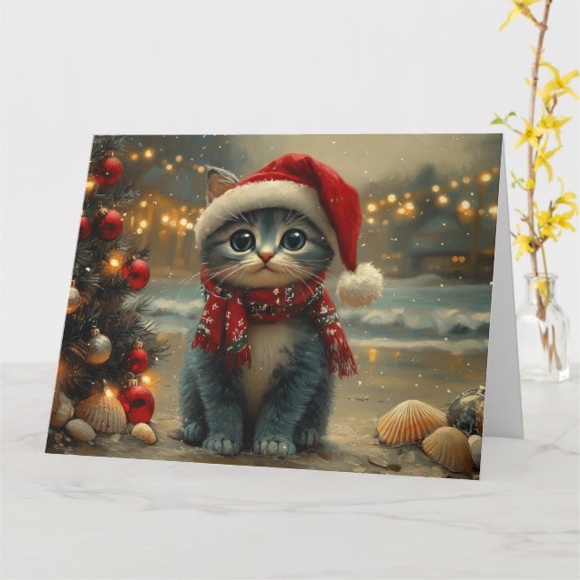 Oriental Blå Katt Jul Vintage Strand Kort (Gul blomma)