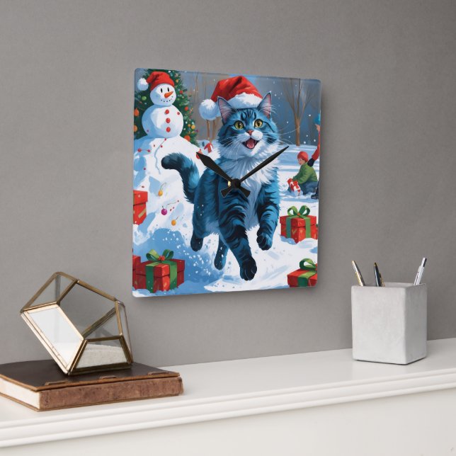 Oriental Blå Katt Sitter i Snö Julhatt Fyrkantig Klocka (Kontor)