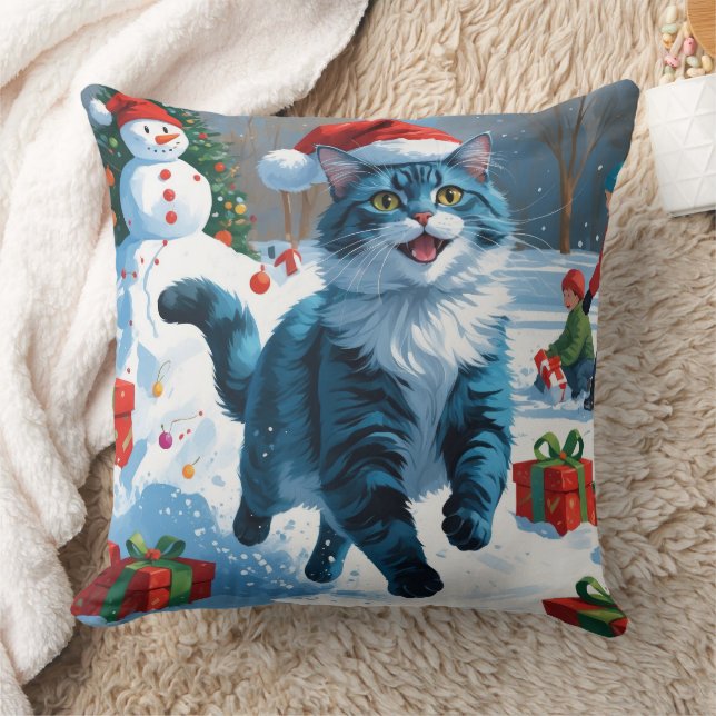 Oriental Blå Katt Sitter i Snö Julhatt Kudde (Filt)