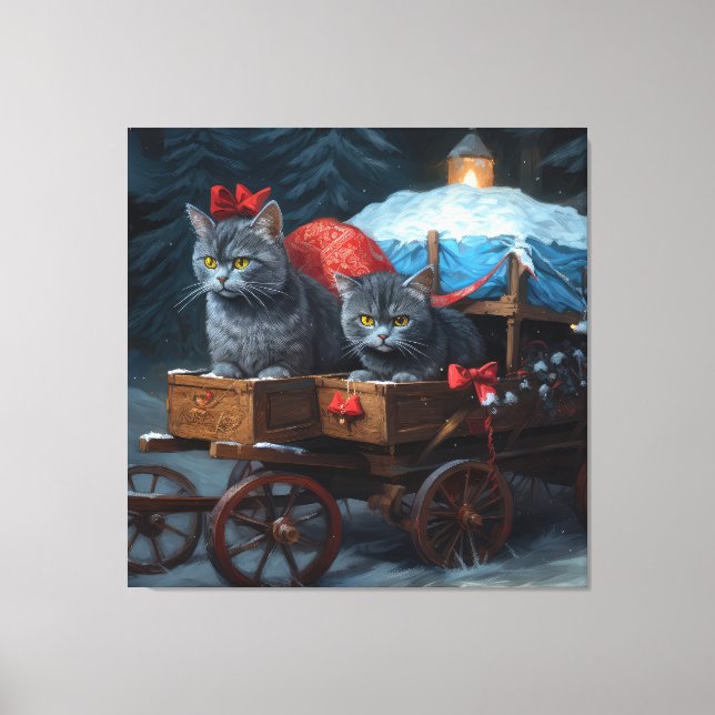 Oriental Blå Katt Snöig Släd Jul Dekoration Canvastryck (Framsida)