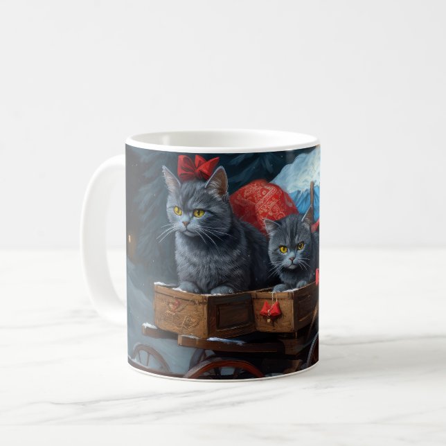 Oriental Blå Katt Snöig Släd Jul Dekoration Kaffemugg (Framsida vänster)