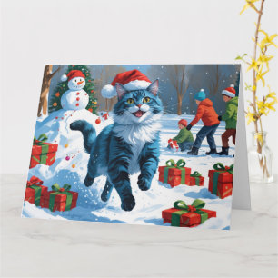 Oriental Blå Katt som sitter i snö Julhatt Kort