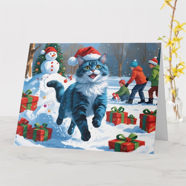 Oriental Blå Katt som sitter i snö Julhatt Kort (Gul blomma)