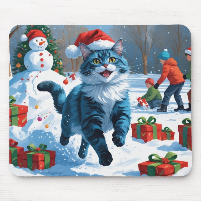Oriental Blå Katt som sitter i snö Julhatt Musmatta (Framsidan)