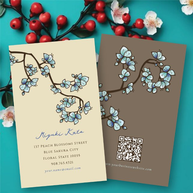 Oriental Blå Körsbärsblommor Elegant Chic Sakura Visitkort (Oriental Blue Peach Blossoms Elegant Chic Sakura Spring Flowers Business/Profile Card @ fat_fa_tin)